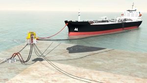 Monoboya conectada a un barco para transferir fluidos.